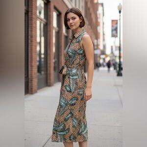 Animal Print Dress Size Large Teal t Sleeveless Collared Midi Animal Print